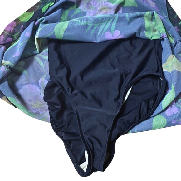 SOLD Vintage 90s Purple Floral Black One Piece Bathing Suit Mesh Swim Dress - Picture 9 of 10